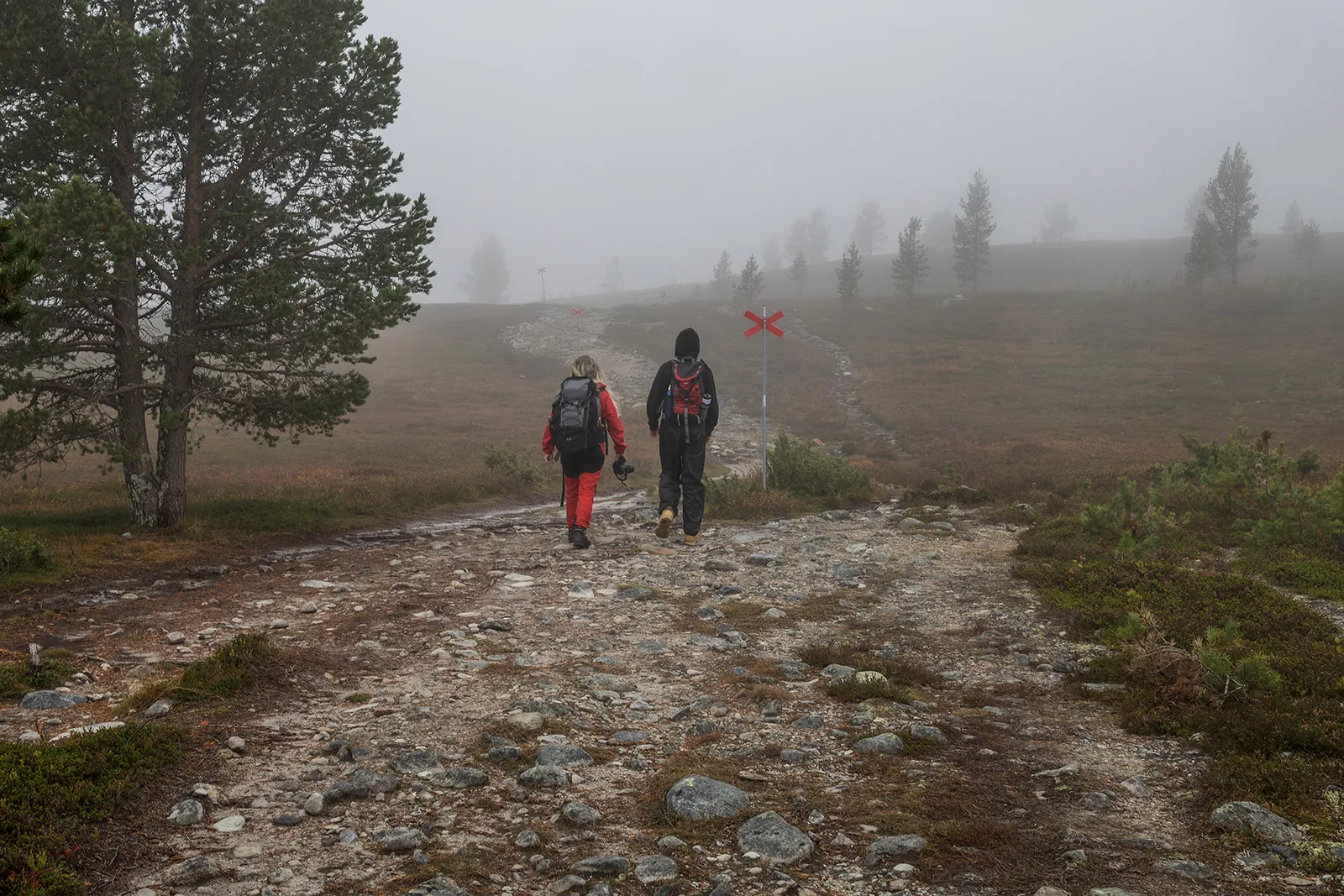Vandrare en dimmig dag i Grövelsjön